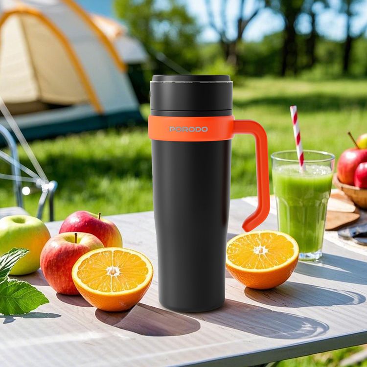 Porodo Lifestyle 6-Blade Portable Blender & Insulated Mug with 900mL Capacity, 18000 RPM Motor Speed, 70W Rated Power, 304 Food-Grade Stainless Steel Material, Keeps Hot & Cold for up to 6 Hours, 2x 1500mAh Battery Capacity, USB-C Charging Interface, Spill-free Lid Design - Black / Orange
