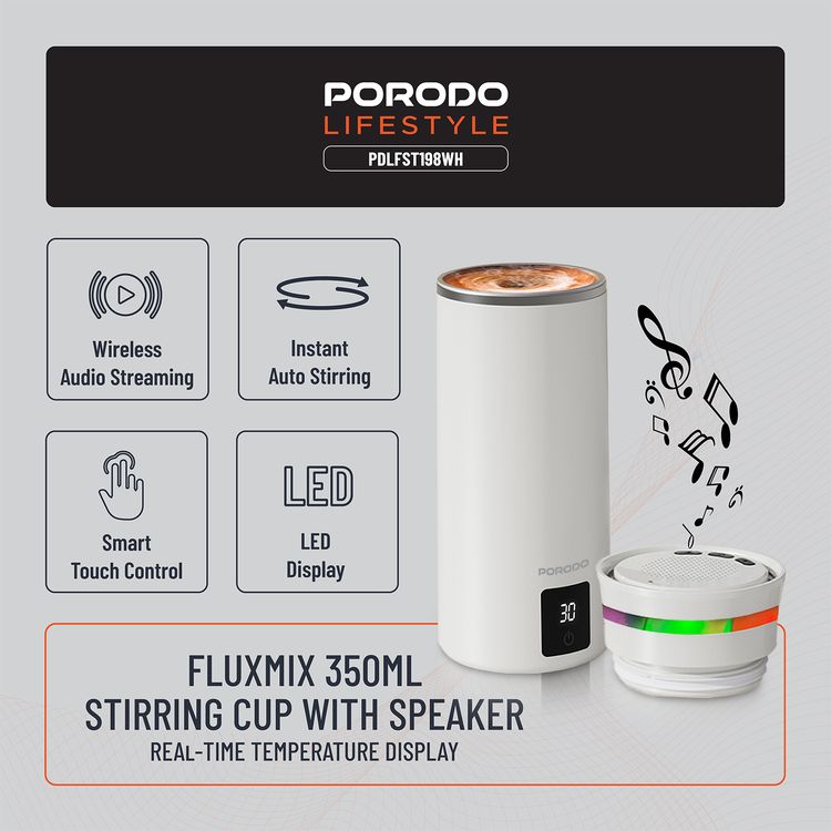 Porodo Fluxmix 350mL Stirring Cup with Speaker, LED Temperature Display, 200 Cycles Blender Battery Life, 2 Hours Speaker Battery Life, 5W Speaker Power, Bluetooth Version 5.3, 155mAh Blender Battery Capacity, 600mAh Speaker Battery Capacity, Touch Control, 304 Stainless Steel Material - White