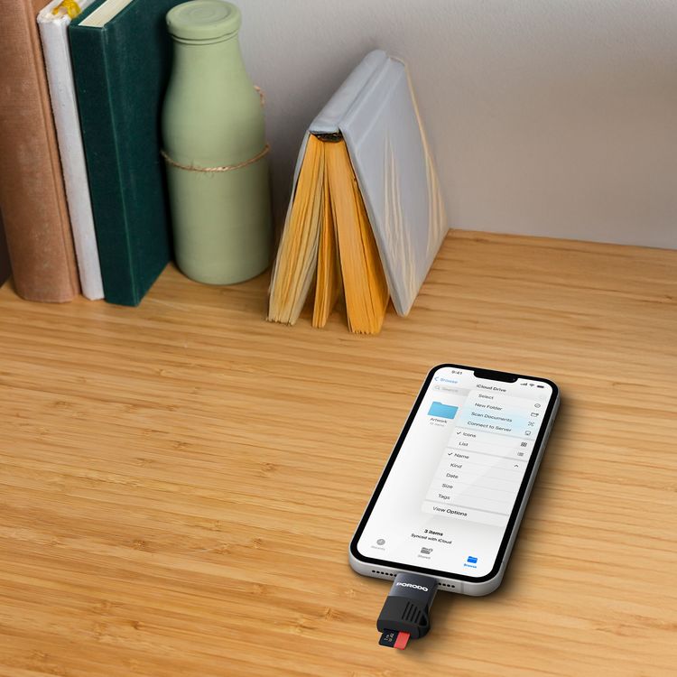 Porodo OTG Adapter with Lightning Input, TF Card Reader, 480Mbps Transfer Speed, TPE Material with Aluminum Shell, Wide Compatibility - Black