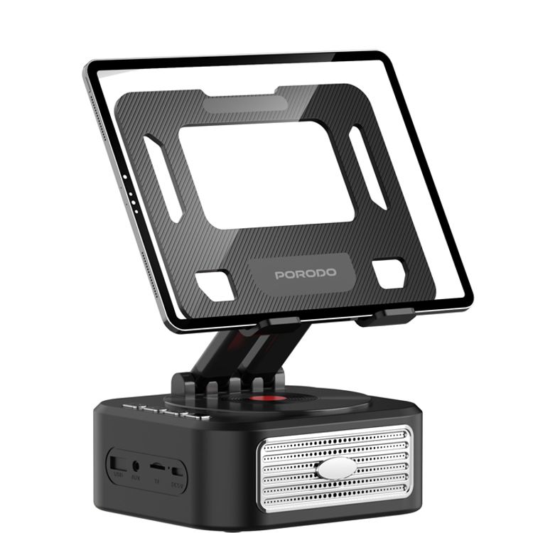 Porodo Multifunctional Tablet Speaker Stand with Power Bank, USB/TF Playback, 1200mAh Battery Capacity, Up to 3.5 Hours Playback Time, 5W Rated Power, 40mm Speaker Driver, USB-C Charging Interface, Bluetooth Version 5.0, 360° Rotation, Tilt & Rotate, Flexible Viewing Angle - Black