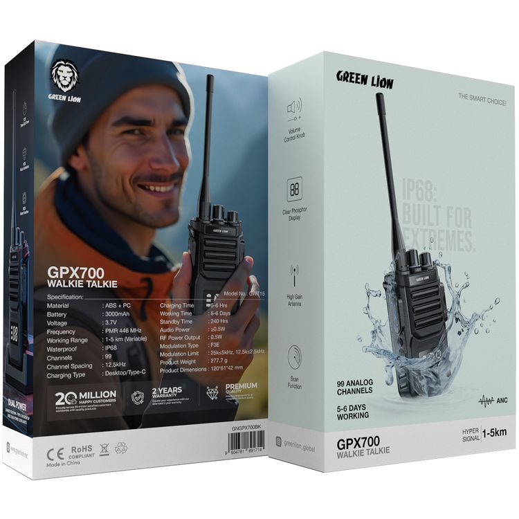 جهاز "جرين ليون GPX700 ووكي توكي" مع وقت تشغيل يصل إلى 6 أيام، يحتوي على 99 قناة تناظرية، ومدى إشارة يصل إلى 5 كيلومترات، وتقنية ANC، وسعة بطارية 3000 مللي أمبير، ووظيفة إنذار SOS.