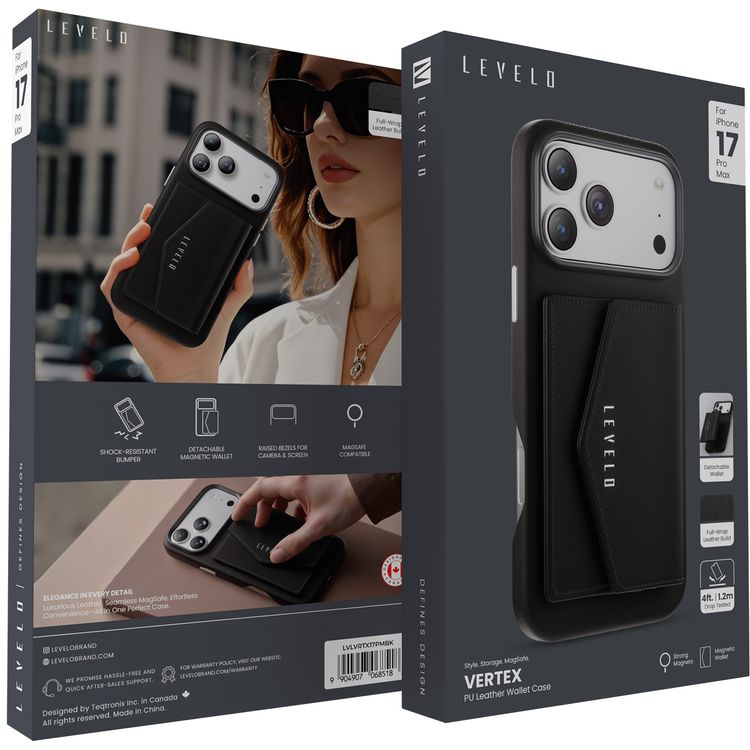 Levelo Vertex PU Leather Wallet Case for iPhone 17 Pro Max, Shock-Resistant Bumper, Raised Bezels for Camera & Screen, MagSafe Compatible, Drop-Tested, Full-Wrap Leather Build, Detachable Magnetic Wallet - Black