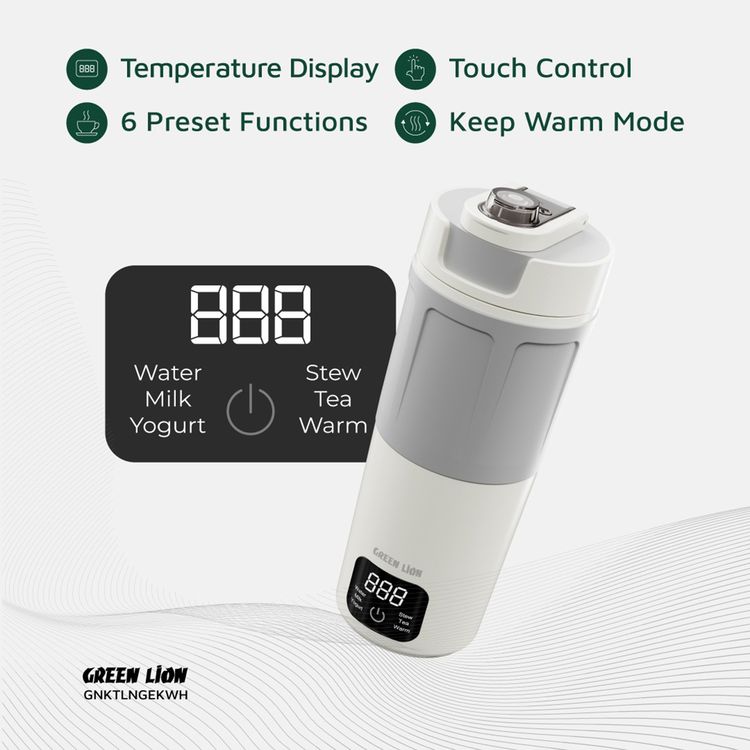 Green Lion Kettle & Go 600mL Electric Kettle with 300W Power, 6 Preset Functions, Type-C Power Input, 7-8 Minutes Heating Time, PP & Stainless Steel 304 Material, Touch Control, Auto Shut Off, Keep Warm Mode - White