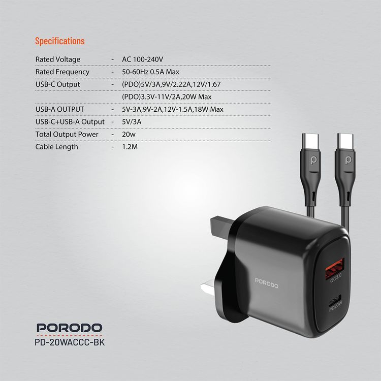 Porodo Dual Output Quick Charger with Type-C to Type-C Cable, 20W Power Delivery, QC 18W, UK 3-Pin Plug, Simultaneous Charging, Universal Compatibility - Black