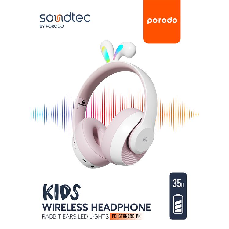 Porodo Soundtec Kids Wireless Headphones with Rabbit Ears & LED Lights, 40mm Speaker, 85dB Safe Sound, Up to 57 Hours Play Time, Bluetooth Version 5.3, Up to 40 Hours Talk Time, USB-C Charging Port - Pink