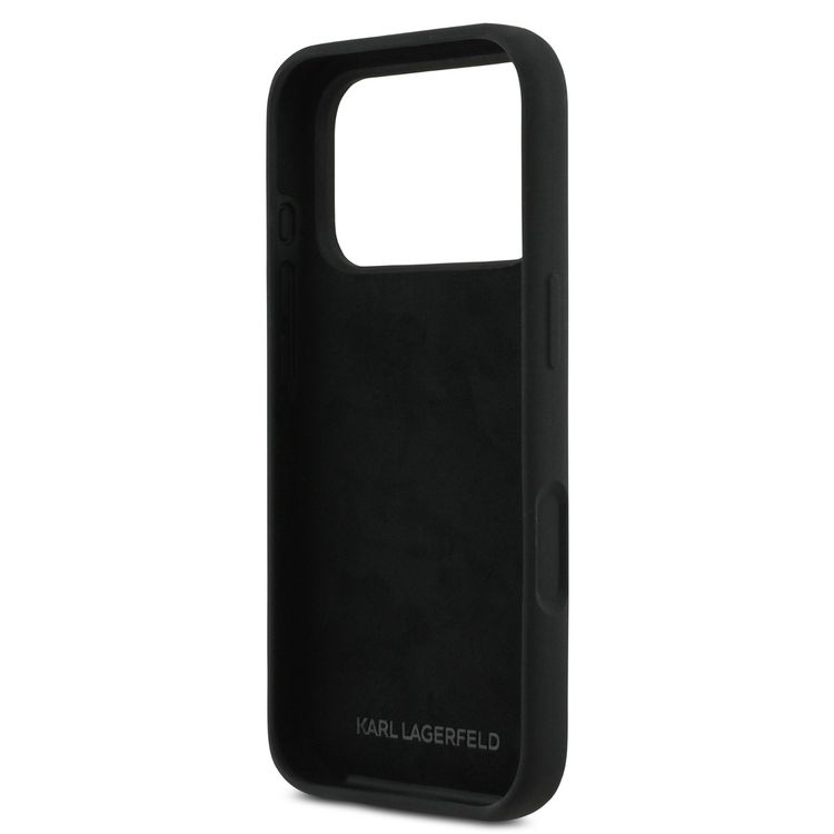 غطاء كارل لاغرفيلد من السيليكون السائل بشعار Ikonic NFT لهاتف آيفون 17 برو ماكس، حماية من السقوط، تصميم نحيف، سهل التركيب، تغليف مستدام، قبضة مريحة، تصميم خفيف الوزن - أسود