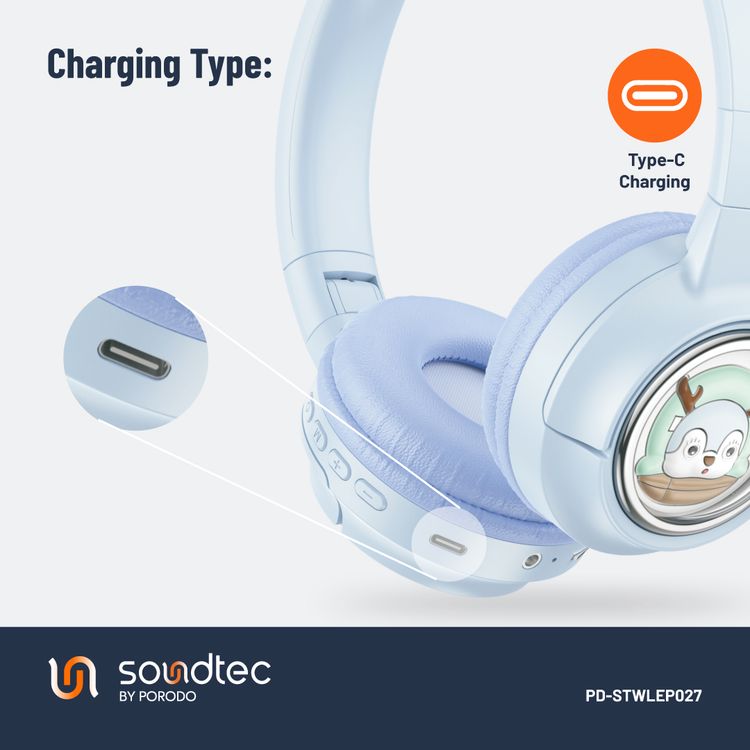 Porodo Soundtec Moose Wireless Kids Headphone, V5.3 Bluetooth, 2H Charging Time, 40mm Speaker Size, 20H Play Time, LED Lights, 400mAh - Blue