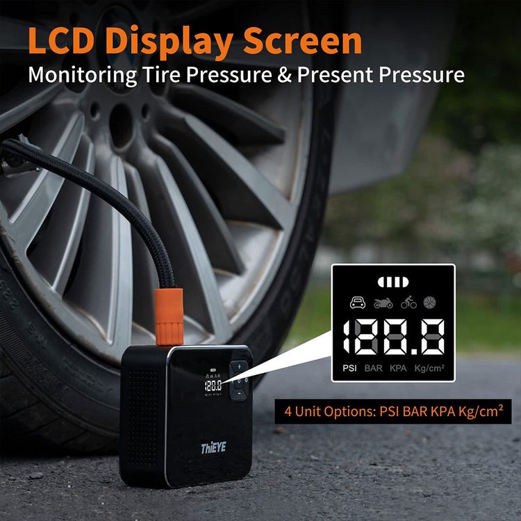 ThiEYE Air Compressor AirKit2, Portable Tire Inflator, 120 PSI Cordless Tire Pump, Digital LCD Screen, Light for Car Bike Motorcycle, Truck Ball