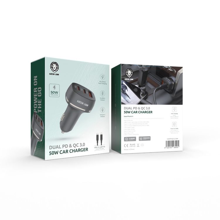 Green Lion Car Charger with Dual PD & Single QC3.0 Ports, USB-C to Lightning Cable, 50W Power up Safety, Multi Protection, Ultra Portable, Fast Charging - Black