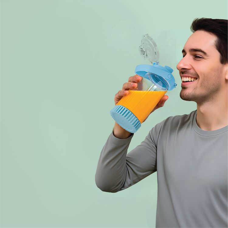 Powerology DuoMix Portable Blender with Cut Fruit & Ice Crusher, 600mL Capacity, 120W Rated Power, USB-C Charging Port, Leak-Proof Design, 2× 2000mAh Battery, 14000RPM Motor Speed, Flipping Bottom Food - Blue