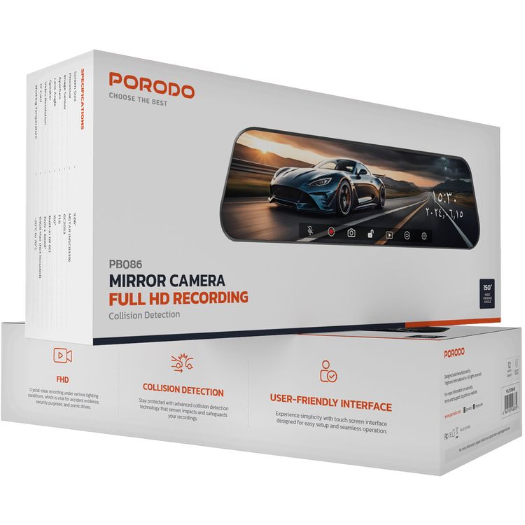 Porodo Mirror Camera Full HD Recording with Collision Detection, 150° Lens Angle, Crystal-Clear Recording, Touch Display, 9.66" Screen Size, User-Friendly Interface - Black
