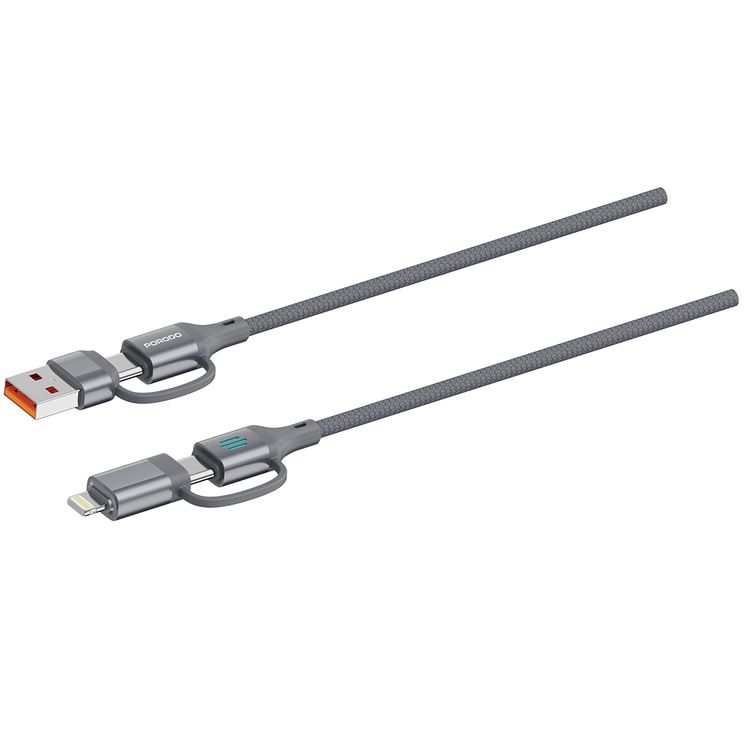 Porodo 4-in-1 High-Speed Charging Cable with Braided Material, 1m Cable Length, 240W Power Delivery, Aluminum Alloy Material, Tangle-Free Design, 480Mbps Data Transfer Speed - Gray