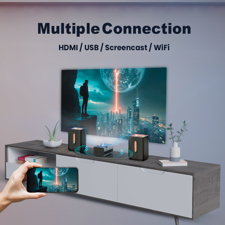 Powerology 4K Ultra Short Throw DLP Projector, 350 Ansi Lumen Brightness, 2GB RAM, 16GB Storage, Bluetooth V5.0, 30-200" Contrast, 500:1 Projection Area - Black 