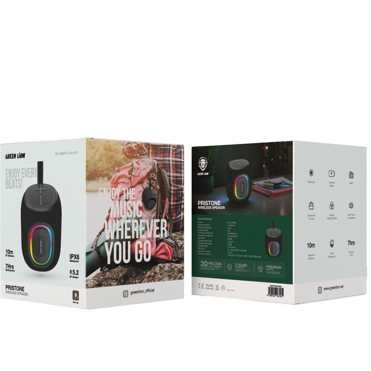 مكبر صوت لاسلكي بريستون من جرين ليون، سعة بطارية 1200 مللي أمبير في الساعة، وقت تشغيل 6-7 ساعات، منفذ شحن من النوع C، مقاوم للماء، ضوء RGB وتأثيرات إضاءة متعددة، مسافة بلوتوث 10 متر - أسود