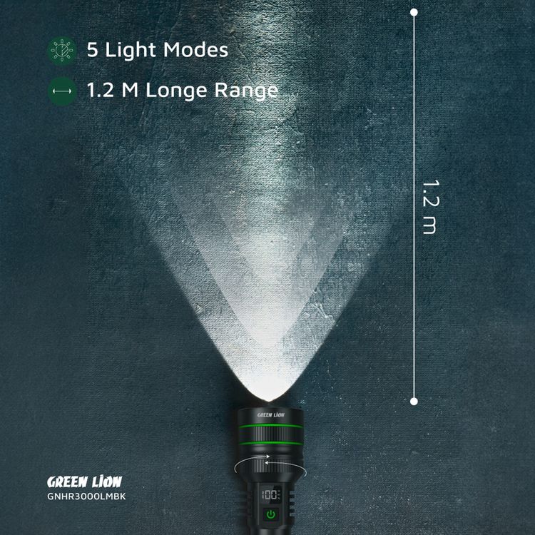 Green Lion Hyper Ray Pro LED Torch with Digital Display, Built-in Power Bank, Up to 7 Hours Working Time, 5 Light modes, 60W Power, Aluminum Alloy Material, 3000 Lumens Brightness - Black