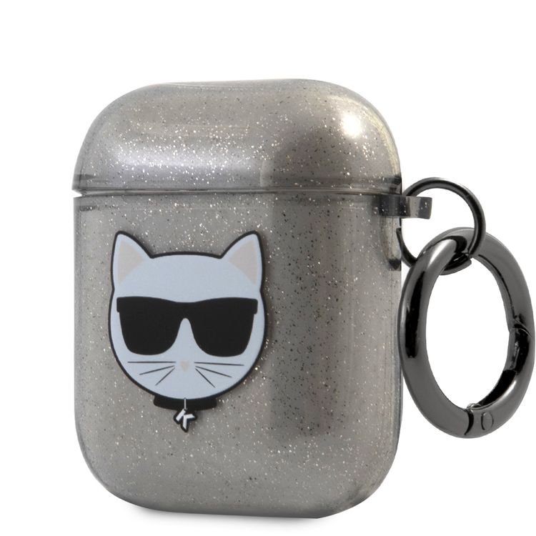 CG Mobile Karl Lagerfeld TPU Glitter Printed Embossed Choupette with Ring Case Compatible with AirPods 1 & 2, Scratch & Drop Protection Cover Officially Licensed - Black