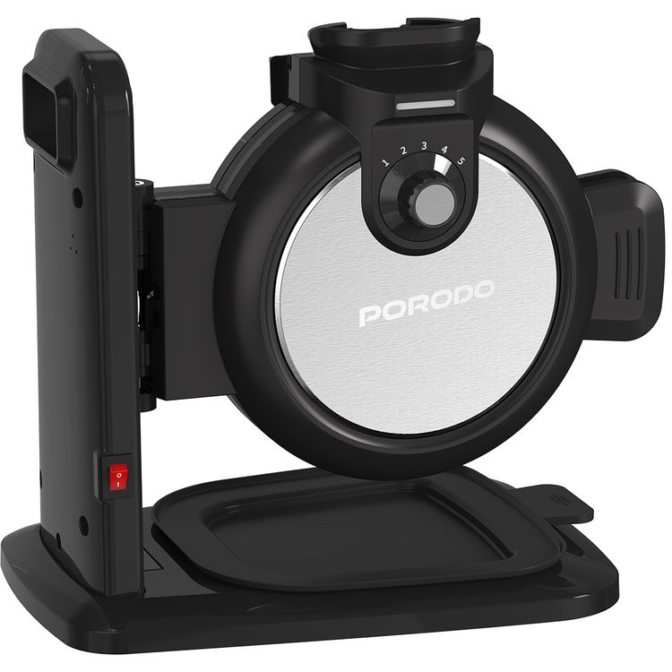 Porodo Vertical Waffle Maker with 5 Heat Levels, 210ml Capacity, 800W Power, Up to 5:30 Minutes Waffle Making Time, Non-Stick Plate, Batter Tray - Black