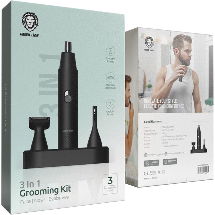 Green Lion 3-in-1 Grooming Kit with 3 Replaceable Heads, 6500RPM Motor Speed, Stainless Steel Blade Material, Suitable for Face, Nose & Eyebrows, Brush & Oil Bottle Included - Black