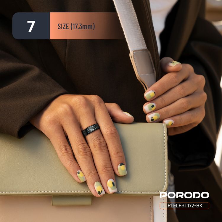 Porodo FitSync Smart Ring with Digital Display with Touch Scroll Function in Small Size 7, Up to 4 Days Active Use Time, 96KB Ram & 128KB ROM, Camera Gesture Control, Activity Tracking & 128 Sport Modes - Black