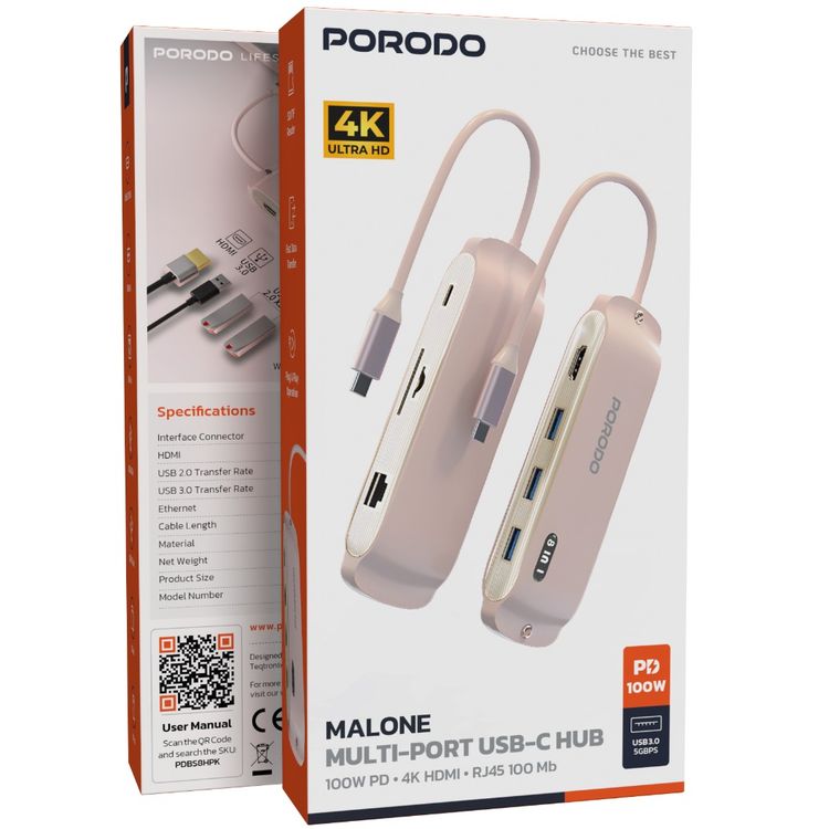 Porodo Malone Multi-Port USB-C Hub with 140mm Cable Length, 5Gbps USB 3.0 Transfer Rate, Plug & Play Design, 100W Power Delivery, SD & TF Reader,  Fast Data Transfer - Pink