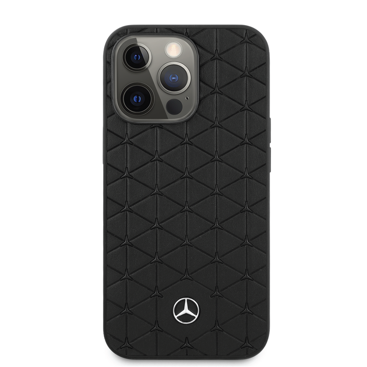 Mercedes-Benz Genuine Leather Hard Case with Quilted Mini Stars Pattern & Metal Star Logo iPhone 14 Pro Compatibility - Black