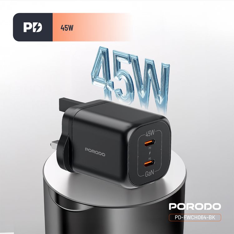 Porodo شاحن حائط سريع بمنافذ USB-C مزدوجة بقدرة 45 واط وتوصيل الطاقة، بتيار أقصى 0.5 أمبير، مزود بحمايات مدمجة، قابس بثلاثة دبابيس للمملكة المتحدة، شحن متزامن، بتقنية GaN - أسود