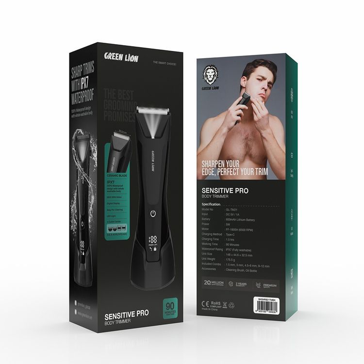 Green Lion Sensitive Pro Body Trimmer with 600mAh Battery Capacity, 3 Types of Combs, LED Light, Type-C Charging Port, IPX7 Waterproof, 1.5 Hours Charging Time, 1.5 Hours Working Time, Digital Display - Black