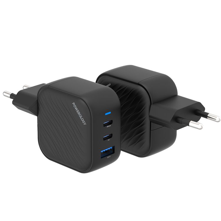 Powerology GaN Ultimate EU Dual PD Charger with 65W Power Delivery, 0%-60% Charge in 35 Minutes, 36W USB-A Output, Simultaneous Charging, Built-in Safeguards - Black
