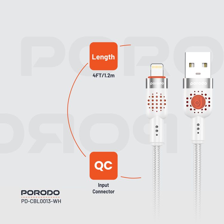 Porodo Aluminum Alloy Braided Cable USB-A to Lightning 1.2, 480Mbps Transfer Speed, 2.4A, more than 15000 Bends Life Span, Tangle Free - White