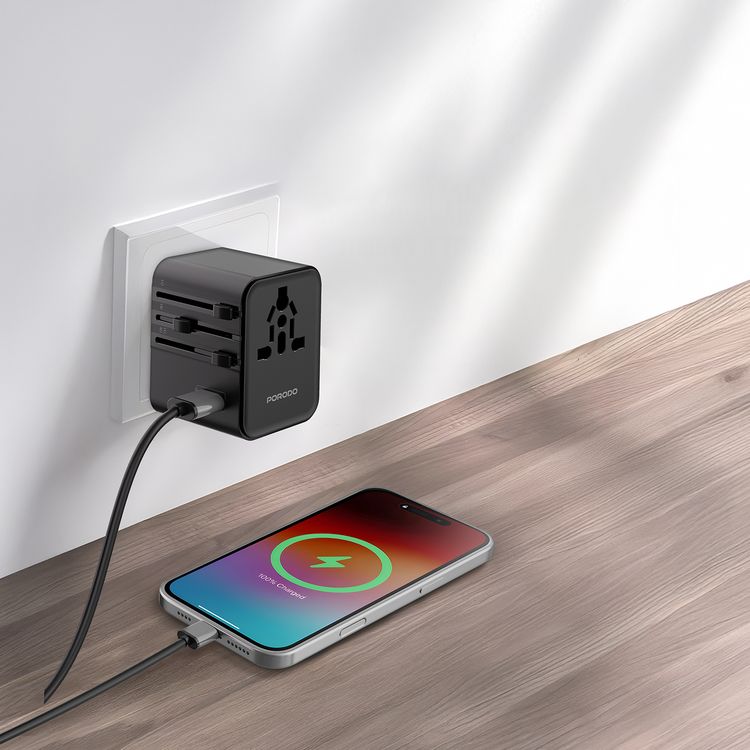 Porodo Universal Travel Multi-port Quick Charger with 2500W Max Rated Power, 15W Max Total Output, 18W Max USB-C Outputs (PD), 18W Max USB-A Output, 1m 4-in-1 Braided Cable, GaN Fast Charging Technology, Built-in Safety Protection - Black