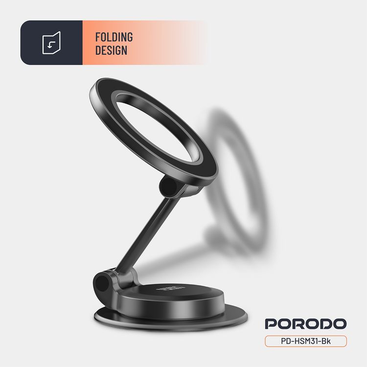 Porodo MagLock MagSafe Phone Mount with Zinc Alloy Material, N52 Magnets, Multi-Angle Adjustment, Folding Design, Strong Magnetic Hold - Black