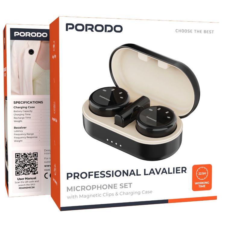 Porodo Lavalier Wireless Dual Microphone with Charging Case, Up to 24 Hours Working Time, ≤20ms Microphones Latency, 2.4GHz Digital Microphone Frequency, 600mAh Case Battery Capacity, Type-C Connector with Lightning Adapter, Plug & Play, Magnetic Clips, Low Latency, Crystal Clear Audio - Black