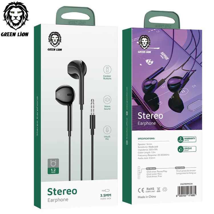 Green Lion Stereo Earphones with Built-in Microphone, 14mm Speaker, 1.2m Cable Length, 3.5mm Audio Jack, Control Buttons - Black