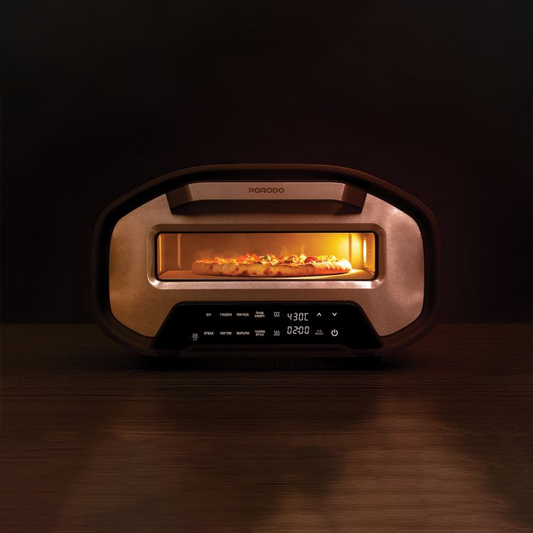 Porodo 12" Indoor Electric Pizza Maker with 7 Preset Programs, 80-430°C Temperature Control, 2200W Rated Power, Up to 60 Minutes Timer, Digital Display, Interior Lighting - Black