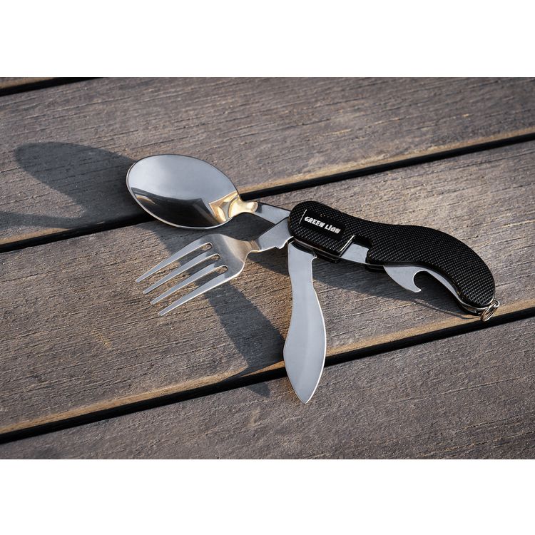 Green Lion 4 in 1 Cutlery Set with Innovative Design, Lightweight & Compact, Easy to Use, Spoon, Fork, Knife, Bottle Opener - Black