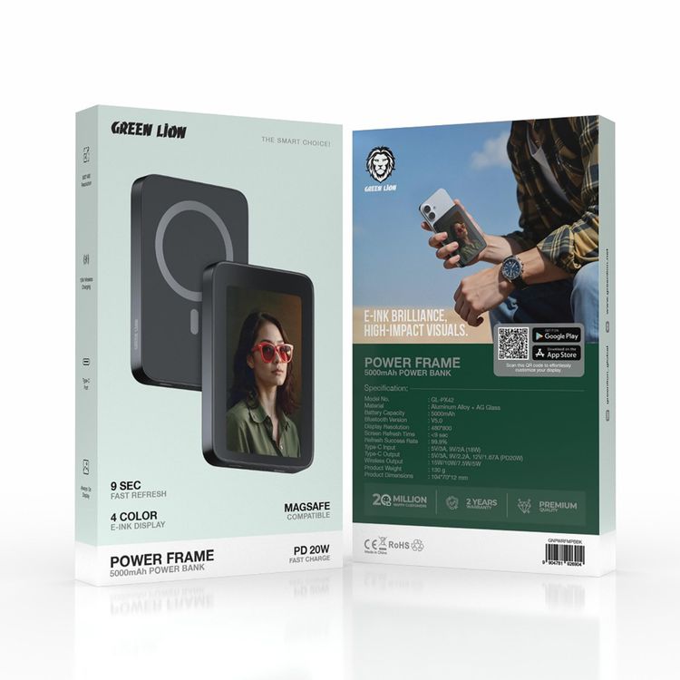 بنك الطاقة بقوة 5000 مللي أمبير من جرين ليون باور فريم مع شاشة حبر إلكتروني بأربعة ألوان، إصدار بلوتوث 5.0، دعم الشحن السريع، تكنولوجيا التوصيل بالطاقة بقدرة 20 واط، مصنوع من سبائك الألومنيوم وزجاج AG - اللون الأسود.