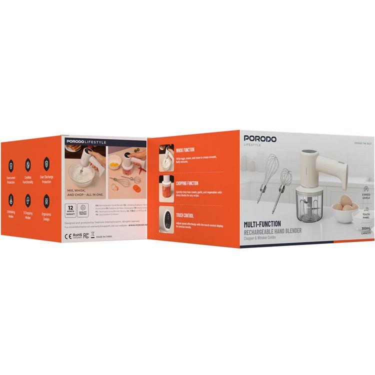 porodo لايف ستايل خلاط يدوي متعدد الوظائف قابل لإعادة الشحن 2 في 1 مع مفرمة وخافق، حماية من التيار الزائد، وظيفية لاسلكية، حماية من التفريغ الزائد، 3 أوضاع خفق، 3 أوضاع فرم، تصميم مريح، 3 مستويات سرعة، لوحة لمس LED، سعة 300 مل، تحكم باللمس - بيج