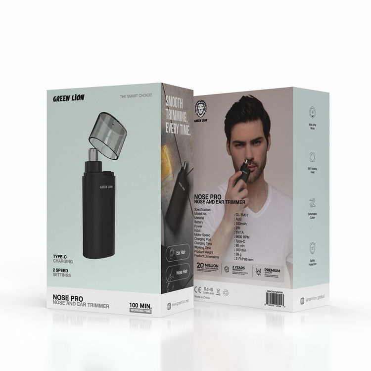 Green Lion Nose Pro Nose & Ear Trimmer with 2 Speed Settings, 360° Rotating Head, Detachable Cutter, 150mAh Battery, 100 Minutes Working Time & 90 Minutes Charging Time, Safety Protection - Black
