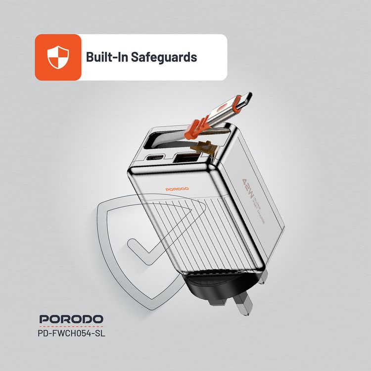 Porodo Super Quick GaN Charger with 75cm Retractable Type-C Cable, 42W Power Delivery, Simultaneous Charging, 22.5W USB-A Output, Built-in Safeguards - Silver