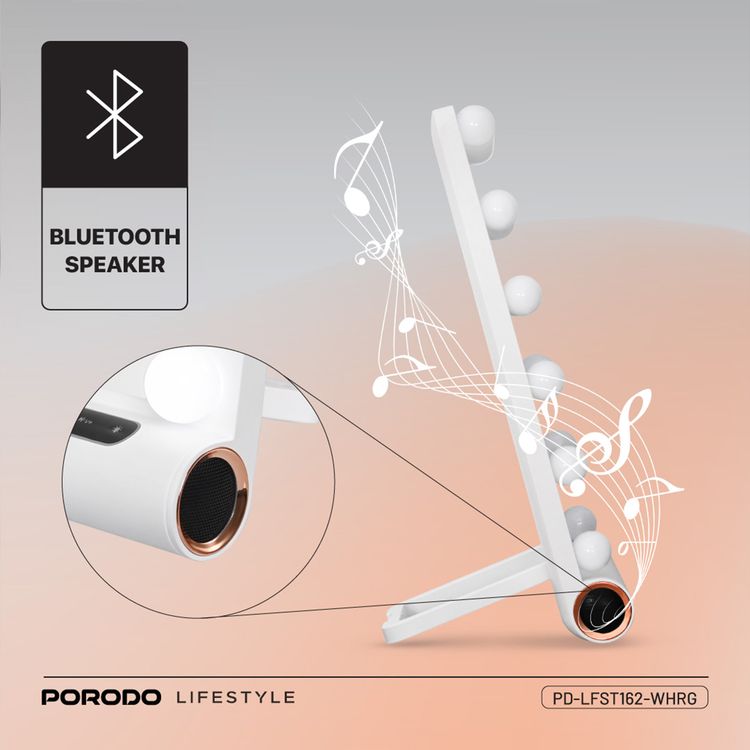 Porodo Hollywood Vanity Lighted Mirror with Built-in Bluetooth Speaker, 15 LED Bulbs, Auto-Off Function, ABS & Glass Material, Smart Touch Control, Brightness Memory Function - White / Rose Gold