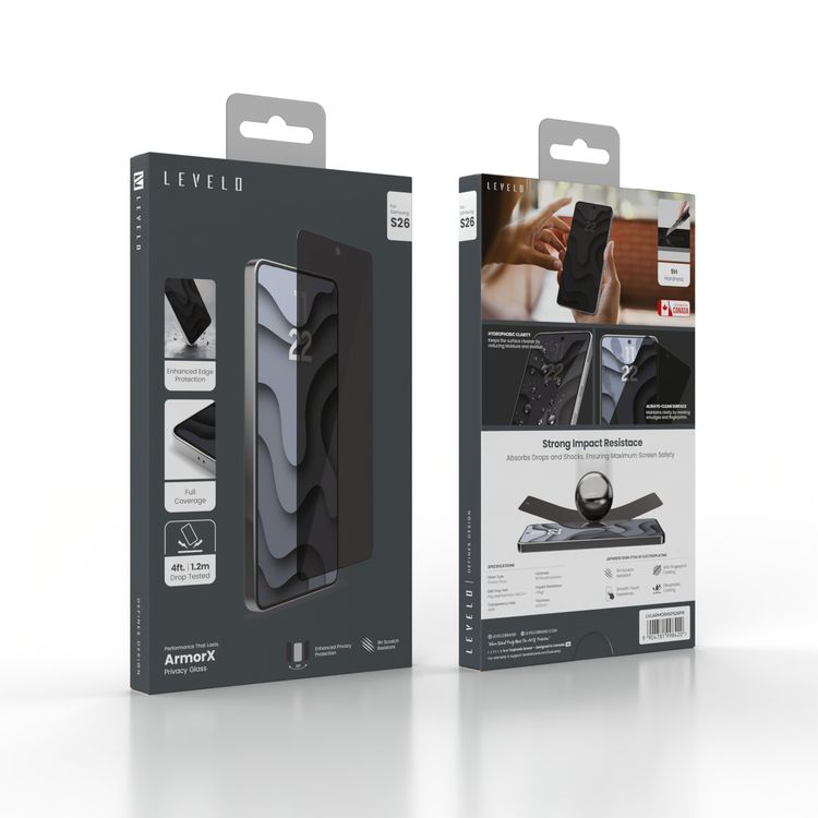 Levelo ArmorX HD Clear Glass with Full Coverage for Samsung S26, Smooth Touch Experience, Anti-Fingerprint Coating, Oleophobic Coating, 9H Scratch Resistant, Enhanced Edge Protection, 0.26mm Thickness, 4ft. | 1.2m  Drop Tested Height, 60% Transparency Rate - Black