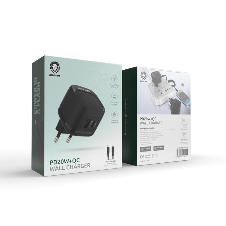 Green Lion PD20W+QC Wall Charger With USB-C To USB-C Cable 1M EU, Charging Protection - Black