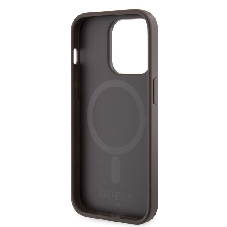 Guess Magsafe Leather Case with Gcube Stripe Pattern - Brown - iPhone 15 Pro