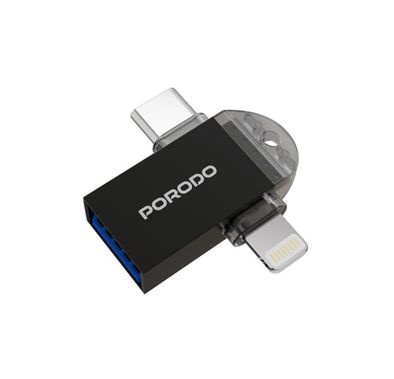 Porodo 3-in-1 USB 3.0 OTG Adapter with Type-C & Lightning Connectors, Fast Data Transfer, Plug & Play, Universal Compatibility - Black