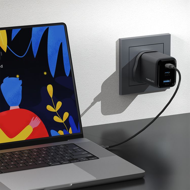 Powerology Volt-X 67W Multi-Port GaN Wall Charger with Advanced Safety Features, USB-A & Dual USB-C Ports, Compact Travel Size, Wide Compatibility, Fast Charging Speed, GaN Technology - Black