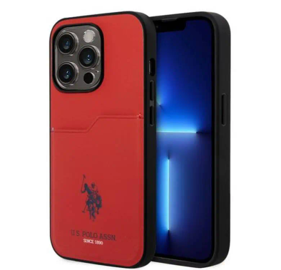 يو اس بولو اسن. كفر حماية صلب بفتحة بطاقة PU - أحمر - iPhone 15 Pro