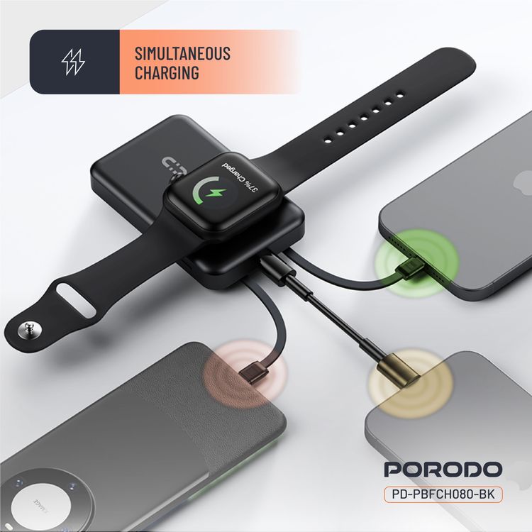 بورودو بنك طاقة لاسلكي مغناطيسي بسعة 10000 مللي أمبير مع حامل كابل مدمج USB-C + Lightning، شحن متزامن، عرض رقمي، PD 22.5W - أسود