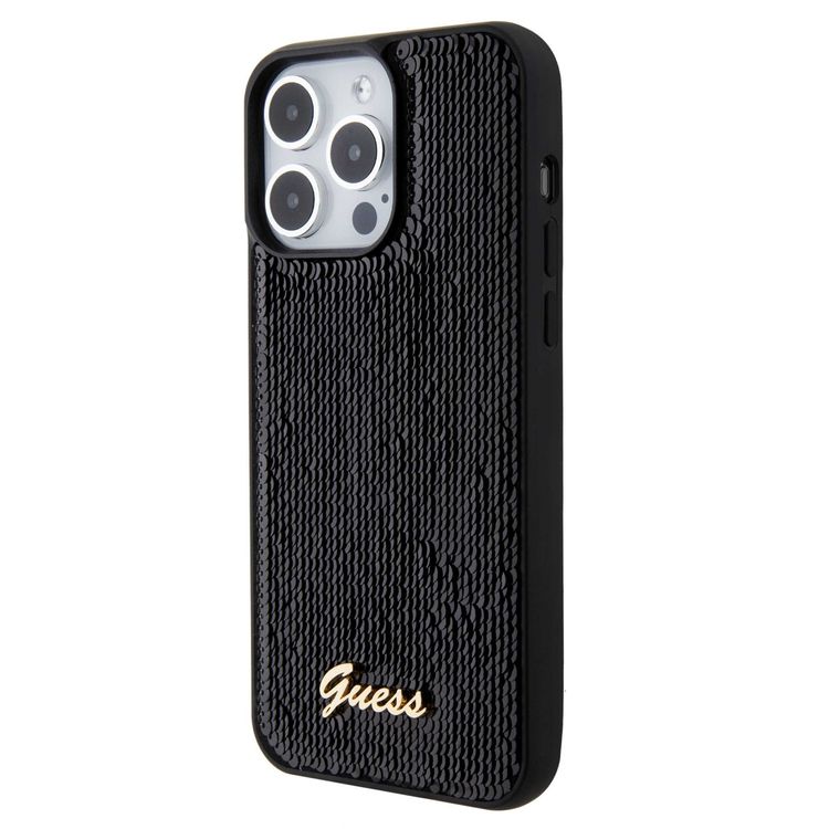 حافظة Guess Sequin Script مع شعار Guess Metal - أسود - iPhone 15 Pro Max