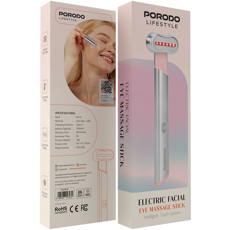 Porodo Electric Facial Eye Massage Stick with Intelligent Touch Screen, Red & Blue Light Therapy, Hot Compress Therapy, Sonic Vibration Massage, Microcurrent Stimulation, 90 Minutes Working Time - Silver White
