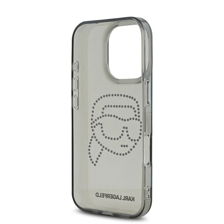 جراب Karl Lagerfeld IML الصلب مع شعار Karl Head مرصع بأحجار الراين لهاتف iPhone 16 Pro، شعار Karl Head، سهل التركيب